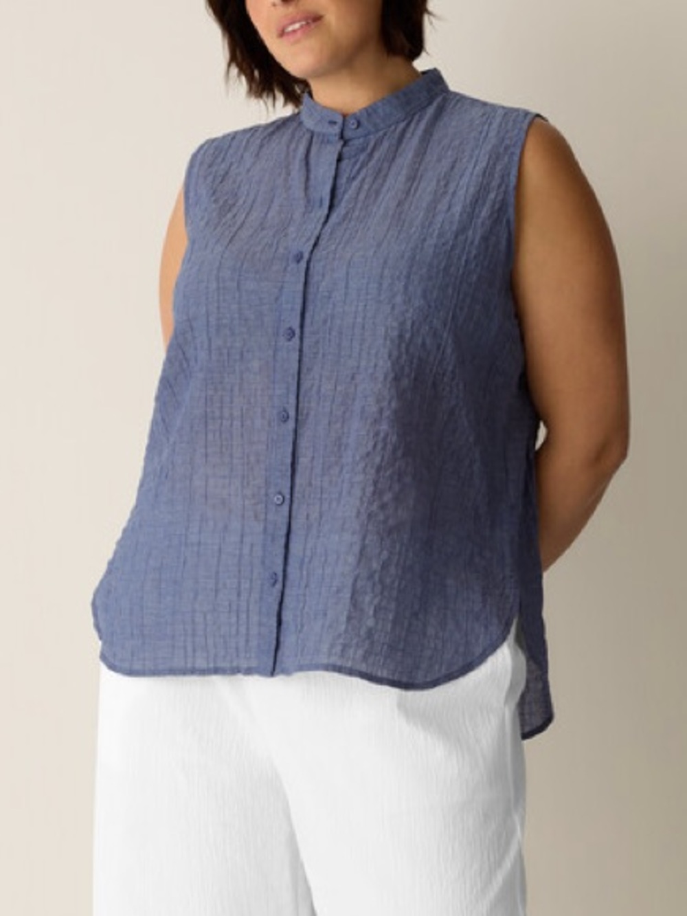 Eileen Fisher Organic Cotton Microstripe Pucker Sleeveless Shirt Top Deep Dive